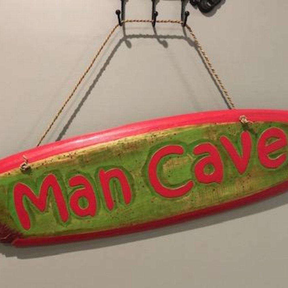 🟢 Man Cave Solid Wood Sign - Surf Board w Shark Bite theme - Excellent Condition